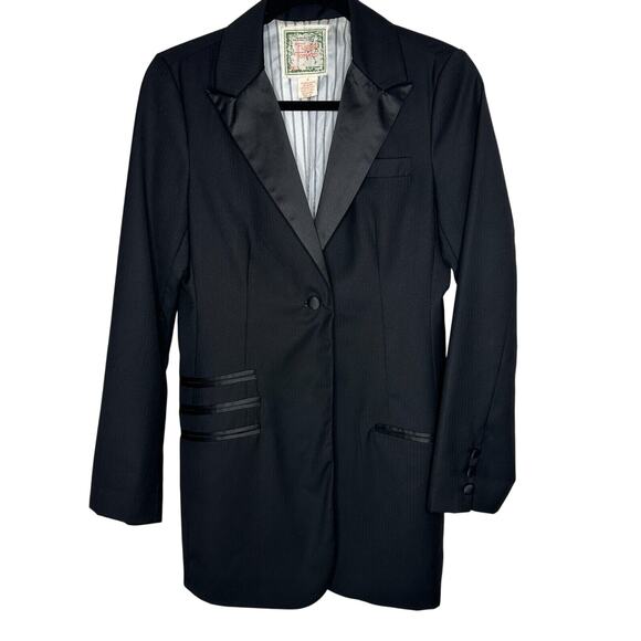 Flying Tomato Black Long One-Button Tuxedo Blazer Satin Trim Lapel & Pockets M - Picture 1 of 12